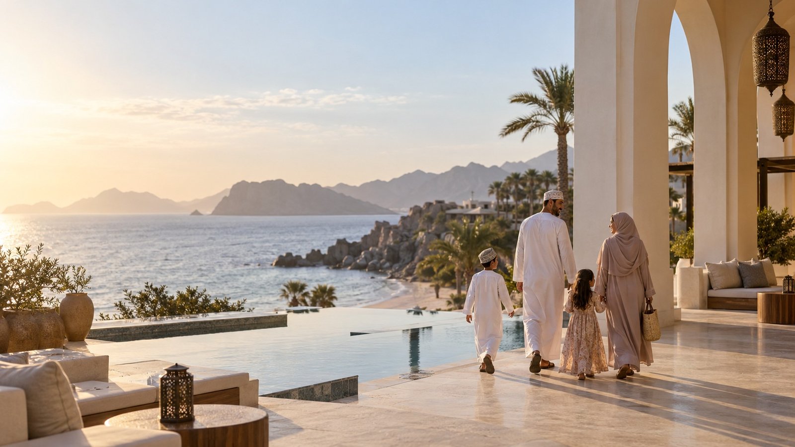 Muslim family arriving at a luxury coastal resort
